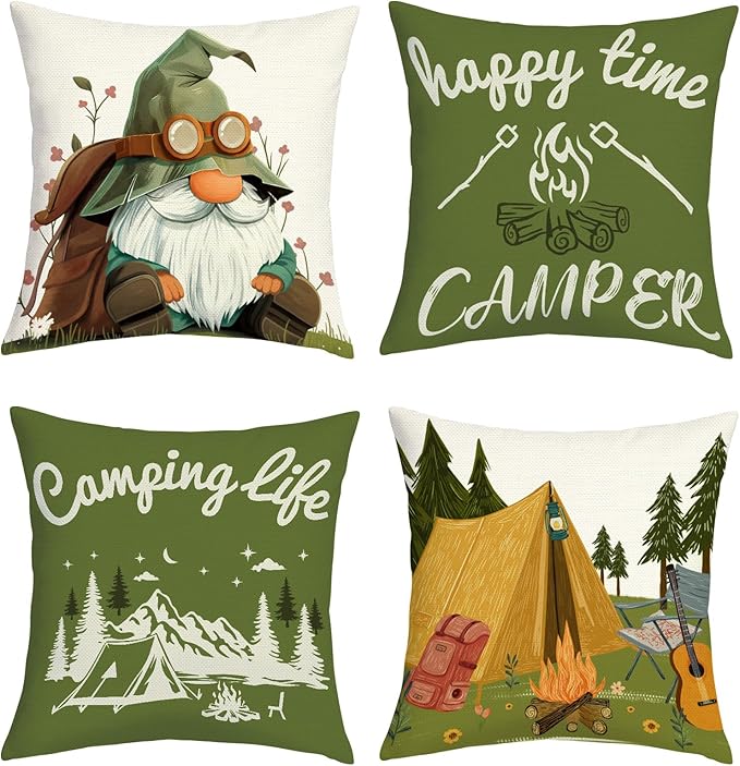 Gnome Happy Camper Camping Life Throw Pillow Covers 18x18 Inch Set of 4 Mountain Tent Campfire Cushion Covers Outdoor Decor for Couch Cushion Cases