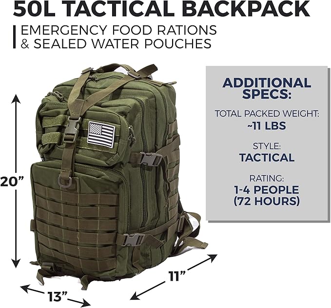 Sirius: Bug Out Bag Starter Kit - 72 Hour Kit for 1 Person – Backpack Survival Kit – 50L Tactical Backpack, US Made Food & Water, Medical Supplies & Survival Tools