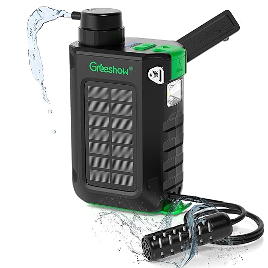 Greeshow Portable Electric Water Filter for Camping & Survival - 0.01 Micron Water Purification System with Solar, Hand Crank, USB-C Charge - Power Bank & LED Light for Backpacking Gear, Emergency Kit