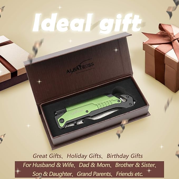 ALBATROSS 6-in-1 Modern Damascus Steel Folding Pocket Knives with LED Light,Seatbelt Cutter,Glass Breaker,Magnesium Fire Starter,Bottle Opener;Multi-Function Emergency Tool(Green-DA)