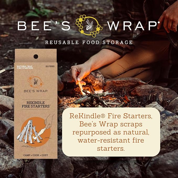 Bee's Wrap ReKindle Natural Fire Starters - 25 Fires - Made in USA Fire Starter from Organic Beeswax Wraps for Food - Safe for Indoor/Outdoor Use