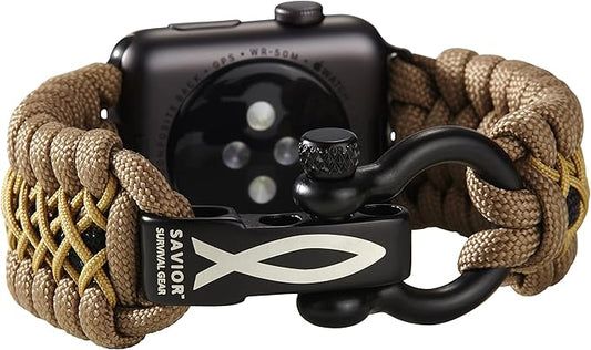 Savior Survival Gear Paracord Watch Band,Compatible with Apple Watch Band 49mm 46mm 45mm 44mm 42mm - iWatch Band Series Ultra 10 9 8 7 6 5 4 3 2 1 SE,Adjustable strap for men(Brown-Khaki-Black, Large)