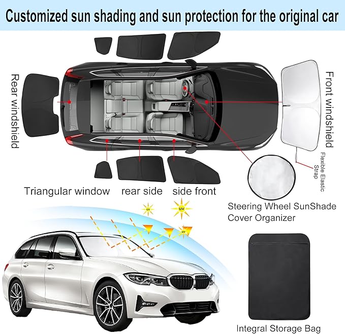 8PCS YYCKE Window Shades for 3 Series 2013-18 for BMW Accessories Car Side Full Windows Rear Triangular Windshield Sun Shade Sun UV Rays & Privacy Protection for Camping,Napping,and Relaxing