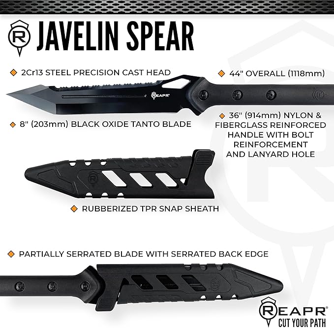 Reapr TAC Javelin Spear – 44″ Spear with 8″ Stainless Steel Blade and Nylon-Fiberglass Shaft for Outdoor, Throwing, and Utility Use