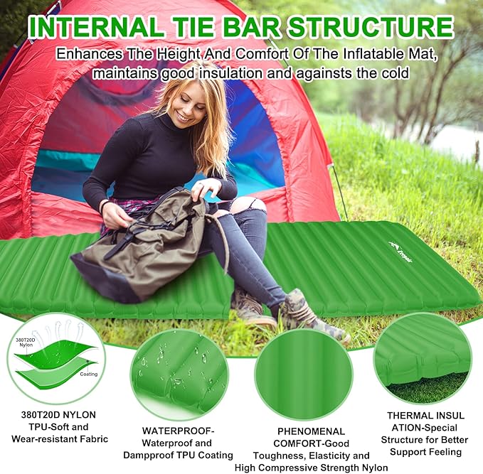 Camping Sleeping Pad, Ultralight Waterproof Inflatable Sleeping Mat with Inflation Bag, Lightweight Portable Compact Air Mattress for Outdoor Backpacking Hiking Traveling Tent Use (Single, Green)