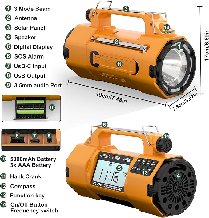 Hand Crank Emergency Radio with NOAA Weather Alert, Replaceable Battery, Rechargeable Portable Solar SW/AM/FM Radio, Clock SOS Alarm & Flashlight Headphone Jack Emergencies