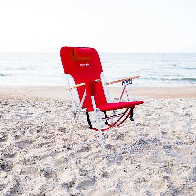 CARIBBEAN JOE Folding Beach Chair, 4 Position Portable Backpack Foldable Camping Chair with Headrest, Cup Holder, and Wooden Armrests