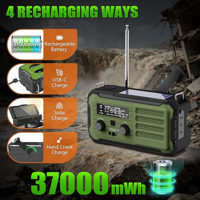 Emergency Radio Hand Crank Solar, 10000mAh/37000mWh Emergency Weather Radio, Hand Crank Solar Radios with NOAA/AM/FM, Cell Phone Charger, Headphone Jack, Flashlight for Indoor Outdoor