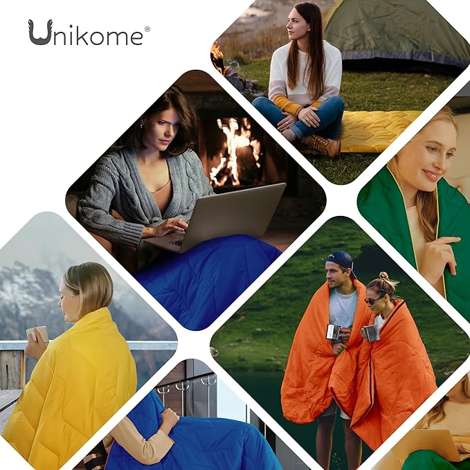 UNIKOME Waterproof Puffy Camping Blanket - Lightweight Packable Outdoor Quilt with Corner Loops, Warm Compact Blanket for Cold Weather Hiking Picnic Stadium Travel, 75"×52", Blue