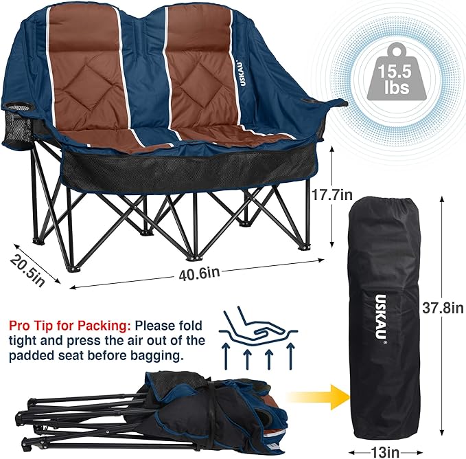 Oversized Double Camping Chair - 2 Person Folding Loveseat for Campfire Snuggle Freedom, Heavy Duty 660LBS Support with Frustration-Free Oversized Carry Bag, Perfect for Couples, Dogs & Sports