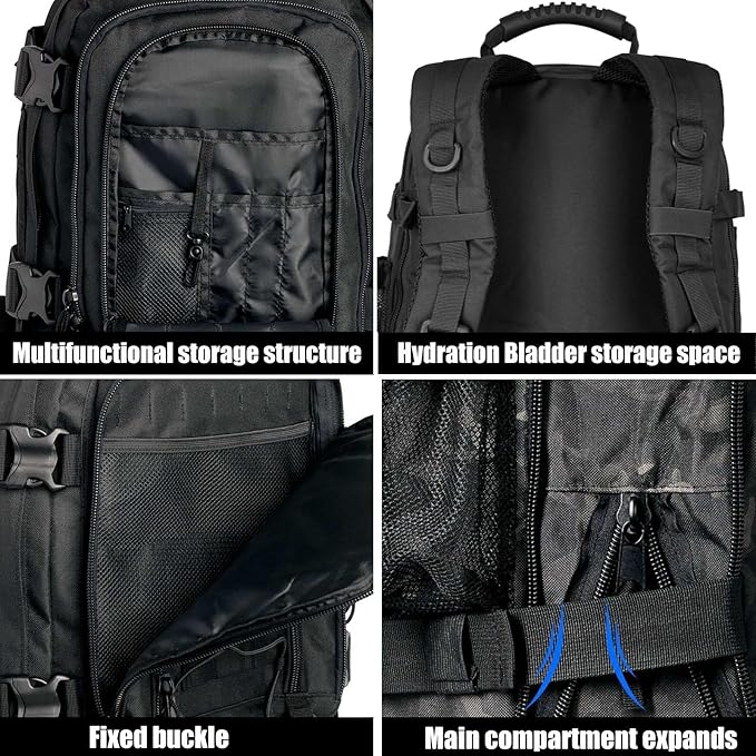 Miramrax Tactical Backpack Military Hiking Daypack - Molle Backpack for Men 3 Day Assault Pack Bug Out Bag for Camping Travel Army Hunting Gym Rucksack Survival (Black)