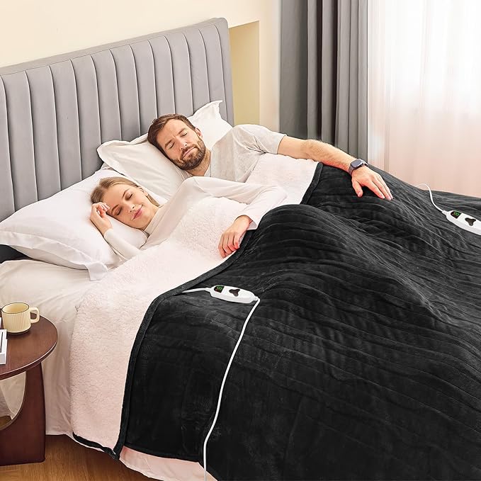greenoak Heated Blanket Electric Queen Size 84"X90" Dual Control, Heating Blanket 10 Heat Levels 1/2/4/6/8 Hours Auto-Off, Sherpa Soft Warm Christmas Blanket,Lacquered Black