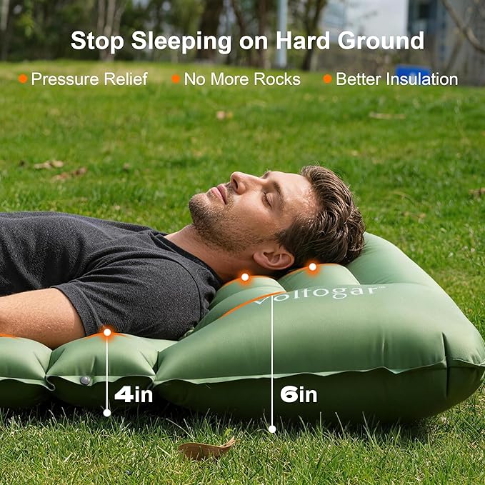 Sleeping Pad, 4” Thick Backpacking Sleeping Pad with Built-in Foot Pump & Pillow, Ultralight Self Inflating Air Mattress Camping Mat for Hiking, Tent,Travel Gear (Green)