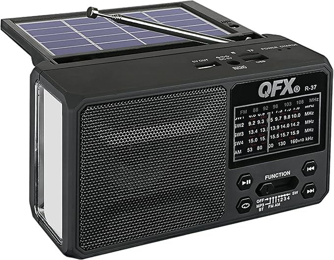 QFX R-37 6-Band (AM, FM, SW1 - SW4) Bluetooth LED Flashlight Solar Radio (2021 Model)