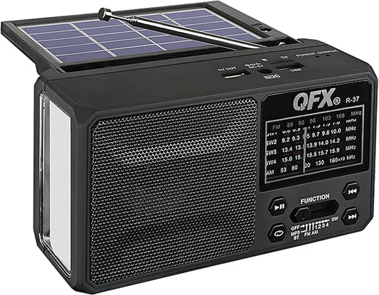 QFX R-37 6-Band (AM, FM, SW1 - SW4) Bluetooth LED Flashlight Solar Radio (2021 Model)