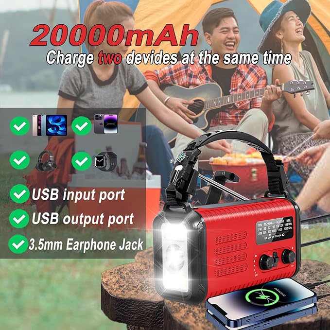 Emergency Hand Crank Radio, NOAA Weather Radio, 20000mAh Rechargeable Solar AM/FM Radio, Portable USB-C Fast Charger, Flashlight, Reading Lamp SOS Alarm for Hurricane Storm Camping Hiking (Red)