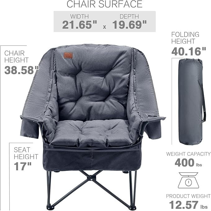 EVER ADVANCED 2 Set Camping Chair with Detachable Cushion, Mesh Chair for Adults Foldable, Oversized Heavy Duty Folding Chair with Cooler Mesh Pocket Cupholder Outdoor Fishing, Supports 400LBS Grey