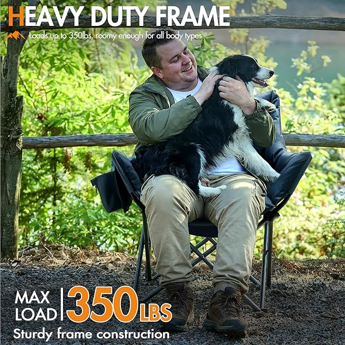 Portal Oversized Padded Camping Chair - Heavy Duty Folding Chair with Cup Holder & Side Pocket, Supports 330 lbs, for Camping, Lawn, Sports, Black