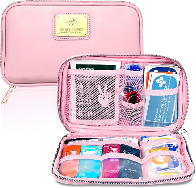 EVERLIT CARE Car First Aid Kit with Emergency Supplies Survival Gear Including Window Breaker Disposable Urine Bag Mountable Survival Kit for Family Travel in Car (Pink)