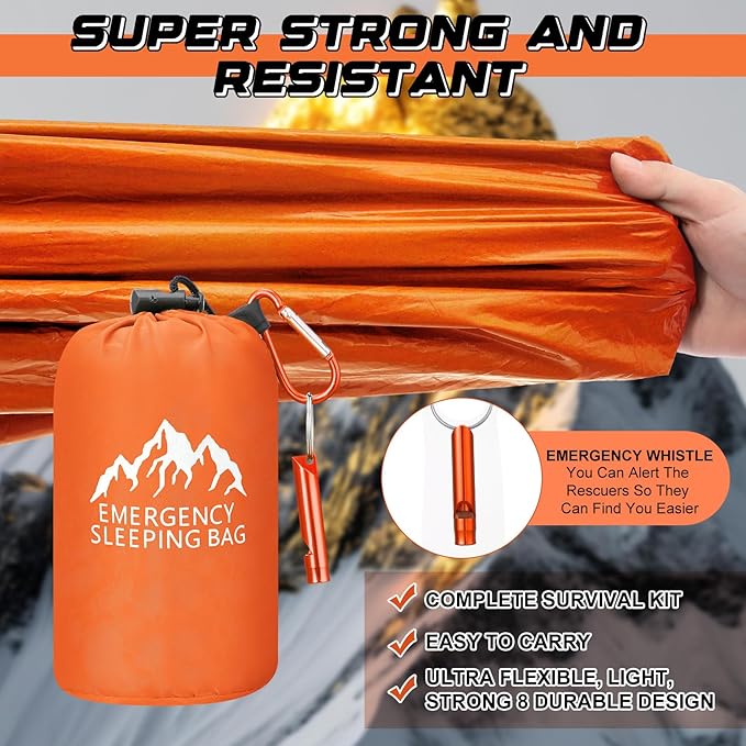 Oudain 2 Pcs XL Emergency Sleeping Bag 94.5" x 49.2" Waterproof Survival Sleeping Bag with Whistle Carabiner Portable Thermal Bivy Sack Emergency Blankets for Camping Hiking Outdoor
