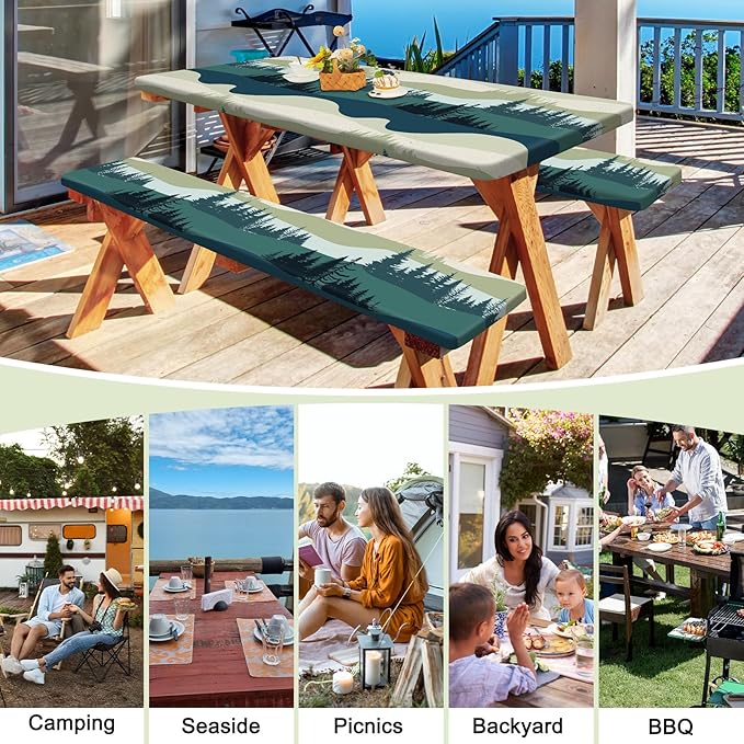 Picnic Table Cover with Bench Covers Portable Table Cloth Built-in Storage Pocket Fitted Tablecloth with Elastic Edges Waterproof Camping Essentials for Indoor Outdoor Rv,72in,Green Blue