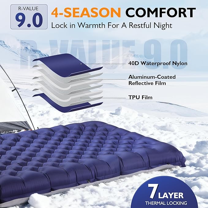 TOBTOS Camping Sleeping Pad with 9.0 R-Value, 4" Thick Inflatable Camping Mattress for All Season, Compact Insulated Sleeping Mat for Backpacking & Hiking (Rectangular)