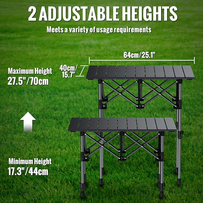 GARLLEN Folding Camping Table, 2-Height Adjustable Portable Picnic Table with Roll-up Tabletop, Lightweight Aluminum Outdoor Table with Storage Net & Carrying Bag for Camping, Picnic, BBQ