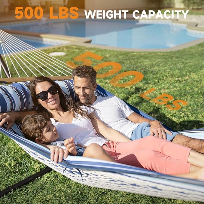 Everyfun 2 Person Outdoor Hammock with Stand, Cotton Rope Hammock with Polyester Pad, Adjustable Steel Frame, Portable with Carrying Bag – for Patio, Backyard, Garden, Beach, Blue Stripe