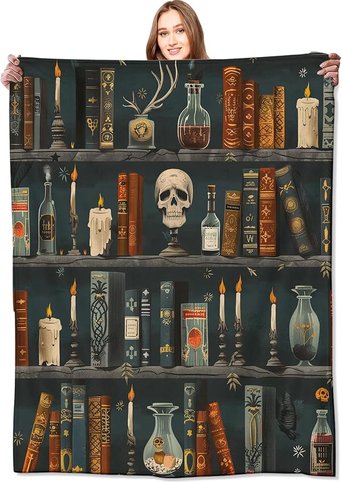 Gothic Book Blanket Vintage Books & Skull Throw Blankets Gifts for Girls Women Adults Lightweight Soft Fleece Cozy for Sofa Couch Bed Room Travel Halloween Party Goth Decor 50x60in
