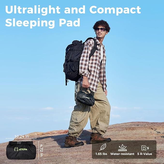 ATEPA ThermAir Pro Backpacking Inflatable Sleeping Pad, 5 R-Value Insulated Ultralight Portable Sleeping Pad Thick Camping Mat with Stuff Sack for Camping Backpacking Tent, Wide Long Size 77.5"x25.6"
