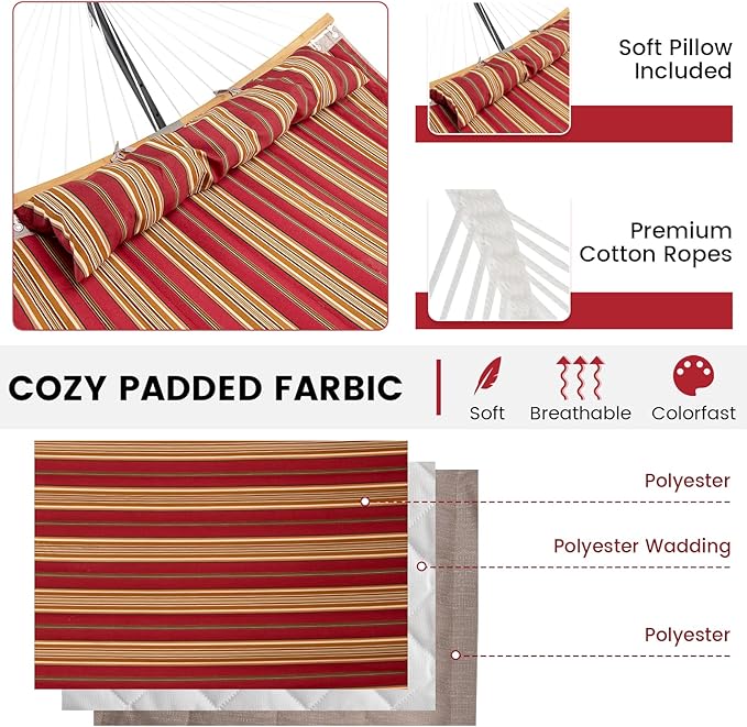 Tangkula 11FT Double Hammock, Heavy Duty Outdoor Hammock with Curved Spreader Bars, Detachable Pillow, 2 Person Hammocks for Outside, Porch, Patio (Red)