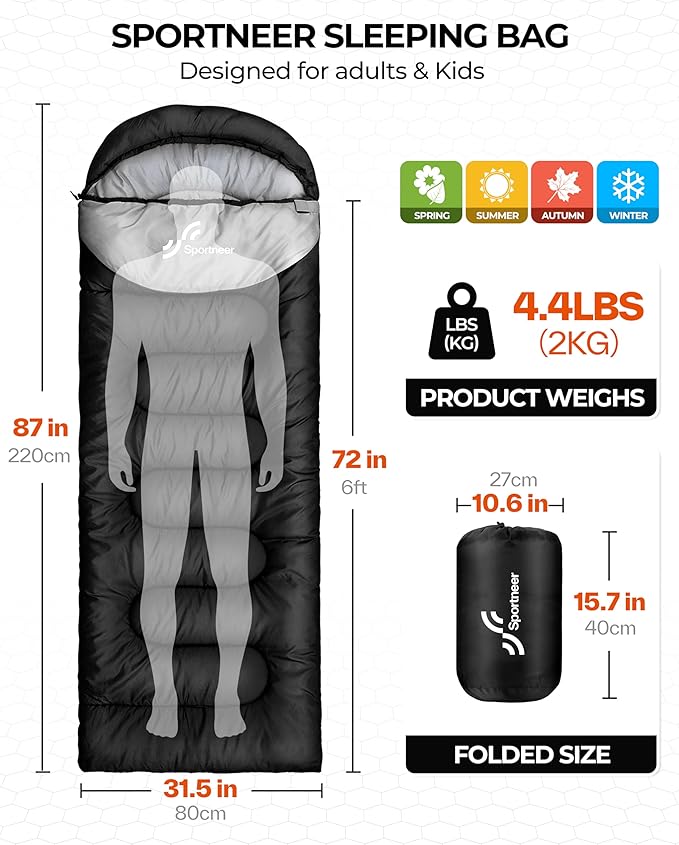 Sportneer Sleeping Bag for Adults & Kids, Cold Weather & Warm Waterproof Camping Sleeping Bag, Compact Portable for Camping Hiking & Travel
