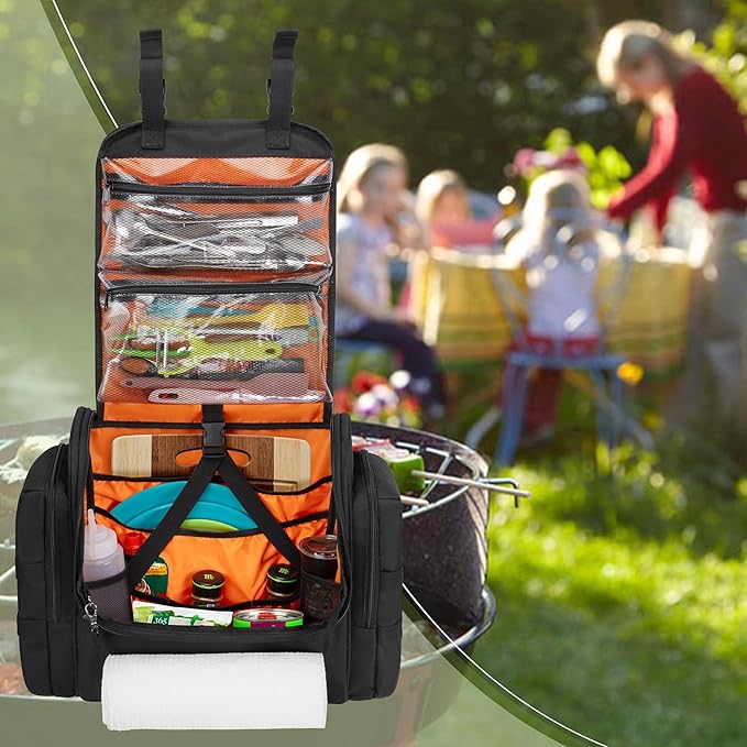 HODRANT Large Tactical Camping Kitchen Organizer, Hanging Cookware Storage Bag with Paper Towel Holder & Multi Pockets, Portable Camp Utensil Organizer for BBQ Cooking Essentials, Black, Bag Only