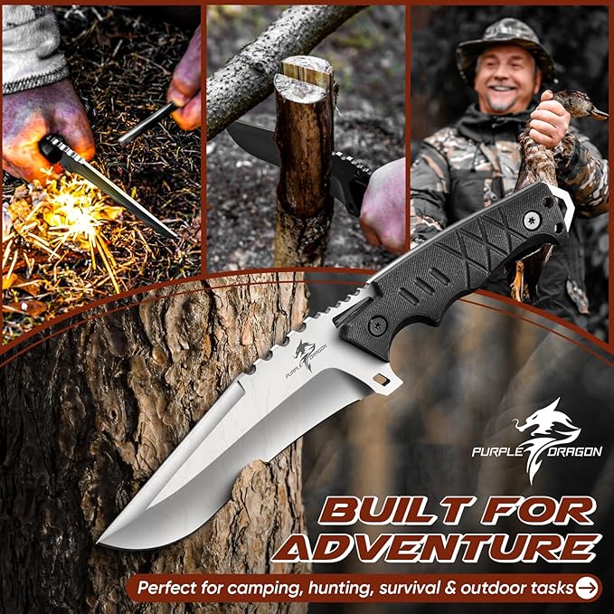 Purple Dragon Outdoor Knife with Kydex Sheath - D2 Steel Survival Knives for Camping, Bushcraft - Ergonomic G10 Handle Outdoor Survival Gear Christmas Gift for Men and Women