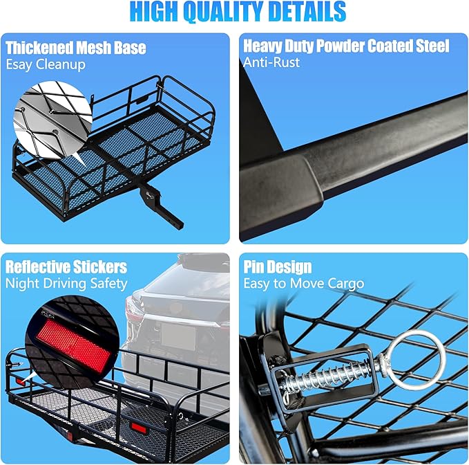 KAIRAY 500 Lbs Heavy Duty Hitch Mount Cargo Carrier 60"x24"x14.4" Folding Rear Luggage Rack Basket Fits 2" Receiver for Car SUV Camping Traveling with Stablizer Waterproof Bag Net Ratchet Straps Lock