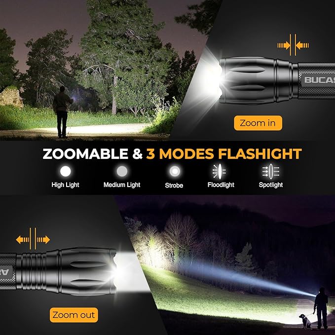 BUCASA 3 Pack Rechargeable Flashlights High Lumens, Brighter Small Flashlight Powerful Tactical Flashlights Rechargeable, Waterproof LED Flashlight with 3 Modes Zoomable for Camping Emergency