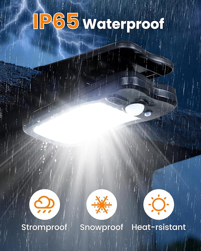 Clip on Solar Lights for Fence, 3 Modes Solar Motion Lights Outdoor Waterproof, 60LEDs 500LM Portable Security Light for Fence, Deck, Garage, Camping, USB Charging, 2 Black