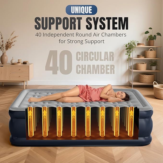 KNZZO Queen Air Mattress with Built-in Pump, 18" Top Inflatable Mattress with Waterproof Flocking Fabric, Three-Minute Quick-Inflatable Bed. Portable Blow Up Mattress for Home, Outdoor and Guests