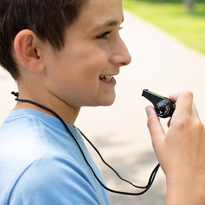 Carson AdventurePak Containing 30mm Kids Field Binoculars, Lensatic Compass, Flashlight and Signal Whistle with a Built-in Thermometer (HU-401), Multicolor