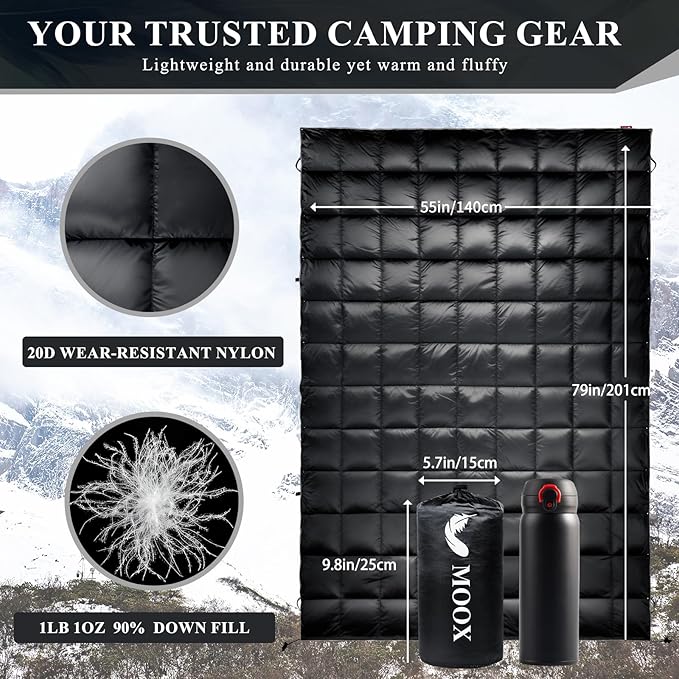 MOOX Down Camping Blanket - Packable Down Camping Quilt Backpacking Lightweight Waterproof Outdoor Hiking Stadium Warm Puffy Sleeping Bag 55"x79" Water Resistant Camp Travel Blanket, Black
