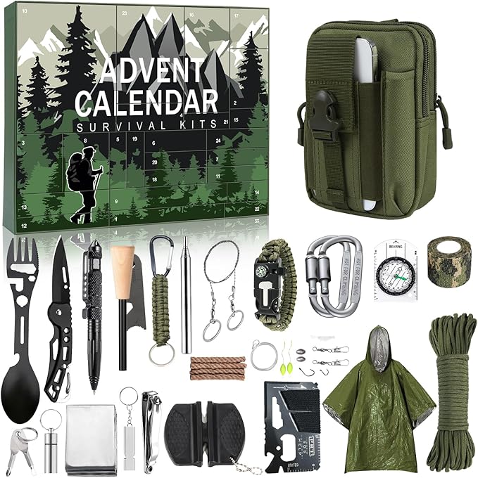 MH MYLUNE HOME Tactical Survival Calendar - 24 Days Xmas Countdown Advent with Waist Pack, Fire Bellows & Poncho | Premium Survival Gear Gift for Outdoor Men, Camping, Hunting, Adventure