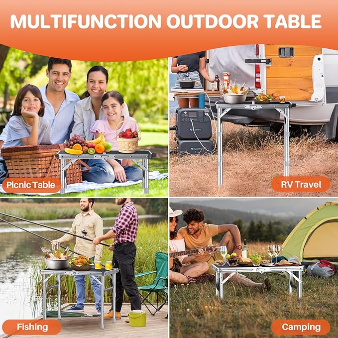 FUNYKICH 2ft Small Folding Table, 3 Height Adjustable Portable Camping Table, Lightweight Aluminum Outdoor Tables with Carry Handle for Car Camping, Backpacking, Picnic, L22.8''xW15.7'', Silver