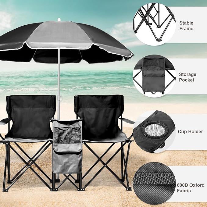 Outvita Folding Double Camping Chair w/Umbrella Beverage Holder Carrying Bag Cooler Fold Up Table, Large Bearing Capacity for Beach Patio Pool Park Outdoor Black