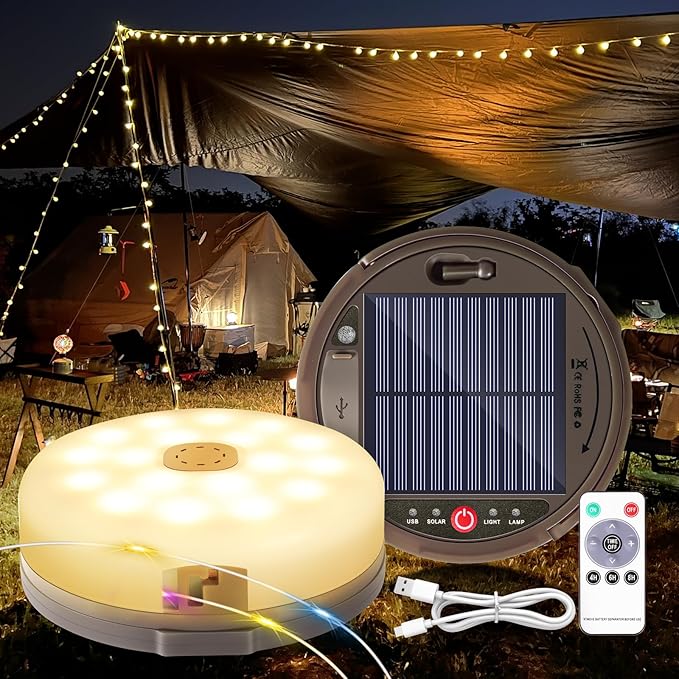 Outdoor Waterproof Portable Stowable String Light, 4 in 1 Retractable Camping String Lights with 8 Lighting Modes (42ft), Solar /USB Rechargeable Tent Lights for Hiking, Yard, RV (Multicolor String）