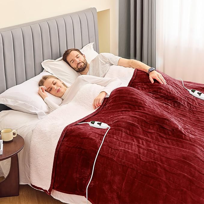 greenoak Heated Blanket Electric Queen Size 84"X90" Dual Control, Heating Blanket with 10 Levels 1/2/4/6/8 Hours Auto-Off, Soft Sherpa Warm Christmas Blanket,Red