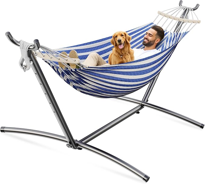 ANAGOO Double Hammock, Heavy Duty Portable, 500 lb Weight Capacity, Perfect for Both Indoors and Outdoors, 2 Person Hammock with Carrying Bag, Blue White