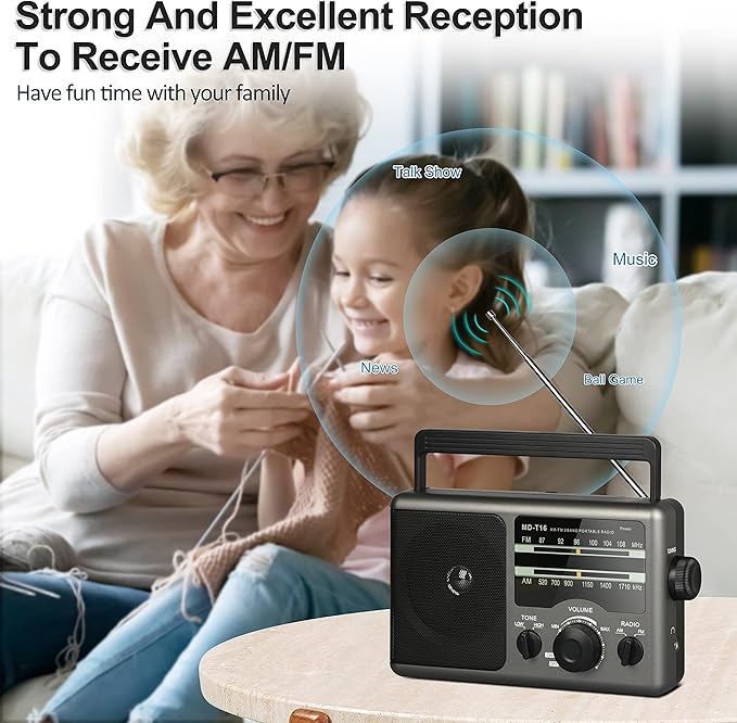 AM FM Portable Radio Battery Operated by 4X D Cell Batteries Or AC Power Transistor Radio with and Big Speaker, Standard Earphone Jack, High/Low Tone Mode, Large Knob