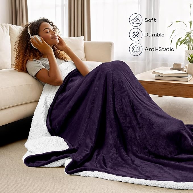 Utopia Bedding Sherpa Blanket Throw Size (Plum, 50x60 Inches) - Soft Lightweight Plush Fleece Reversible Blanket for Bed, Sofa, Couch, Camping and Travel