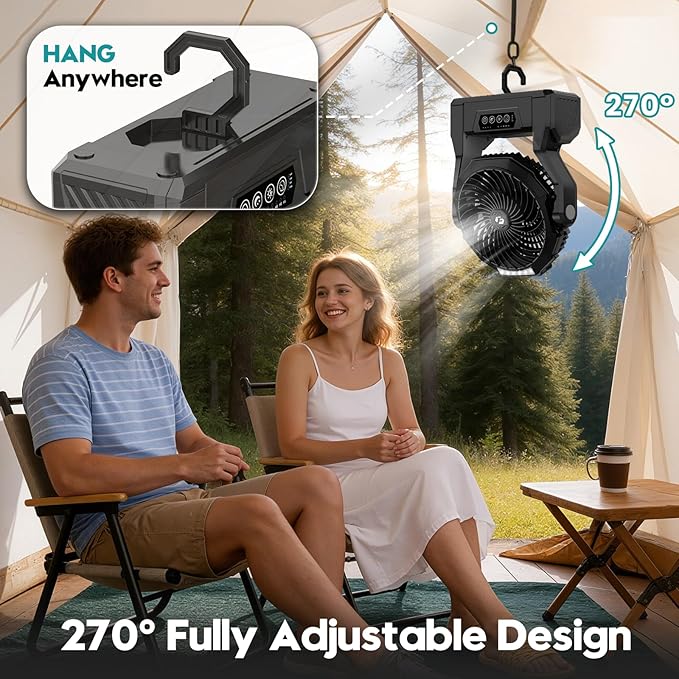 Fentara2 24000mAh Rechargeable Camping Fan with LED Light & Power Bank, Battery Powered Portable Travel Fan for Outdoor, Fishing, Hurricane Emergency, Ideal Gift for Men Dad Him, Black