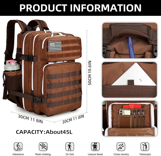 Lovelinks21 45L Tactical Assault Backpack 3 day assault pack with Molle Waterproof backpack Rucksack for Tactical Backpacks (Dark brown)